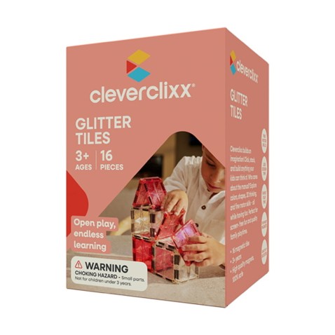 Cleverclixx – Magnetická stavebnice Glitter Tiles Pack Transparent - růžové – 16 ks