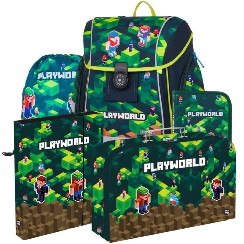 Aktovka pro prvňáčky Oxybag PREMIUM LIGHT Playworld 25, 5dílný set