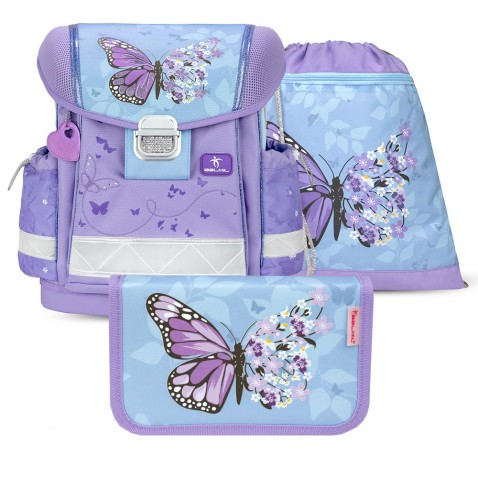 Školní aktovka Belmil 403-13 Purple Blue Butterfly SET