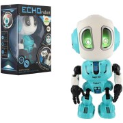 Robot ECHO opakující věty kovový 12cm modrý na baterie se zvukem se světlem